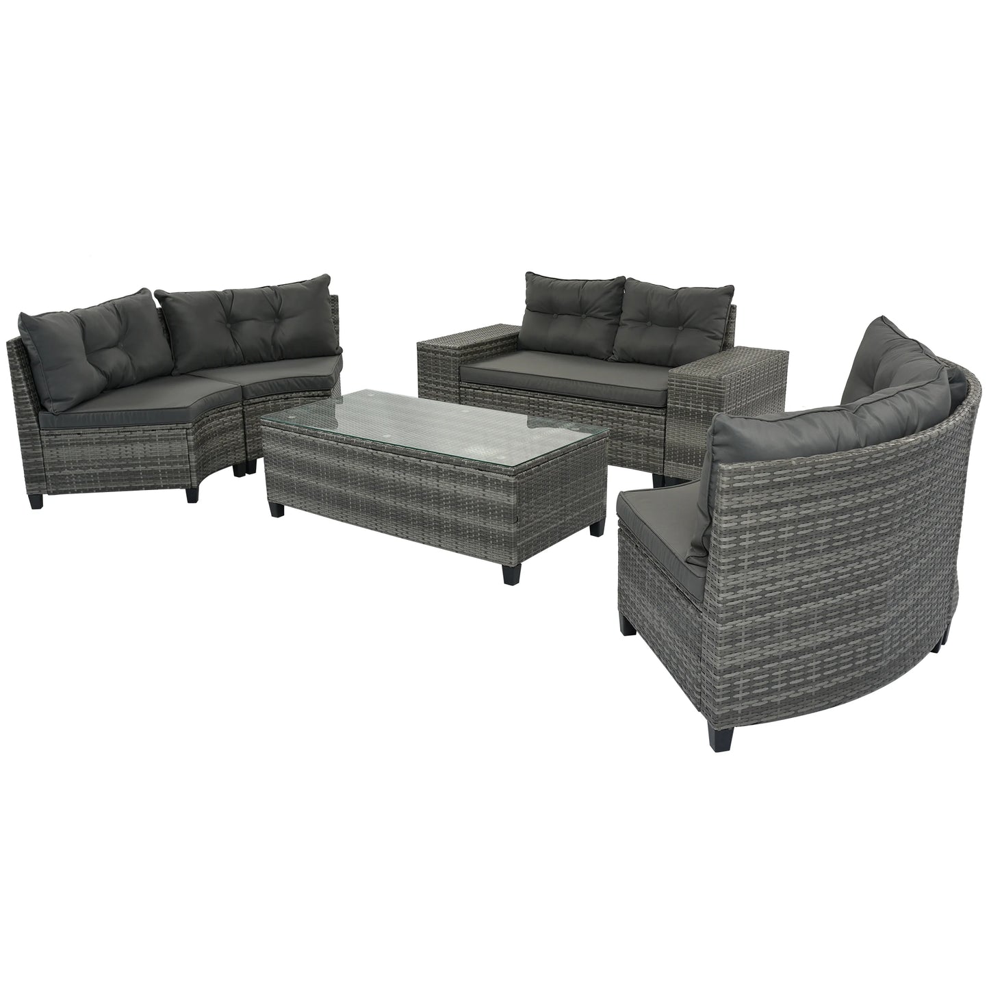 8-pieces Outdoor Wicker Round Sofa Set, Half-Moon Sectional Sets All Weather, Curved Sofa Set With Rectangular Coffee Table, PE