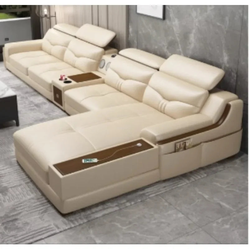 Living Room Sofa set furniture real genuine cow leather sofas bluetooth puff asiento muebles de sala canape L shape sofa cama