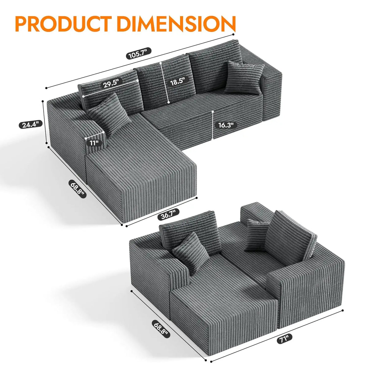 Boneless Couch For Living Room, Modular Sectional Sofa With L-Shape Chaise, Cloud Couch With Deep Seat, Modern Living Room Furni