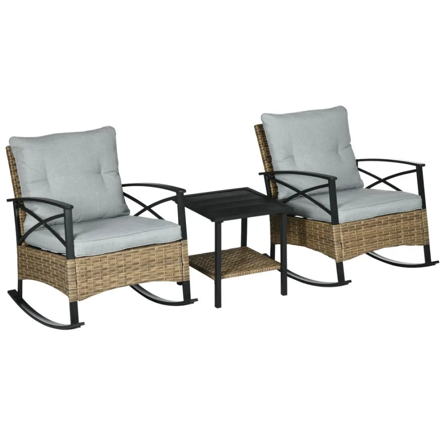 Rocking Bistro Set 3PC Wicker Outdoor Furniture with Rocker Chairs Cushions Coffee Table Light Grey