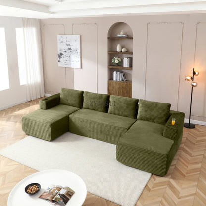 132-Inch boneless sofa, modern corduroy U-shaped modular section sofa, comfortable sofa with cup holder