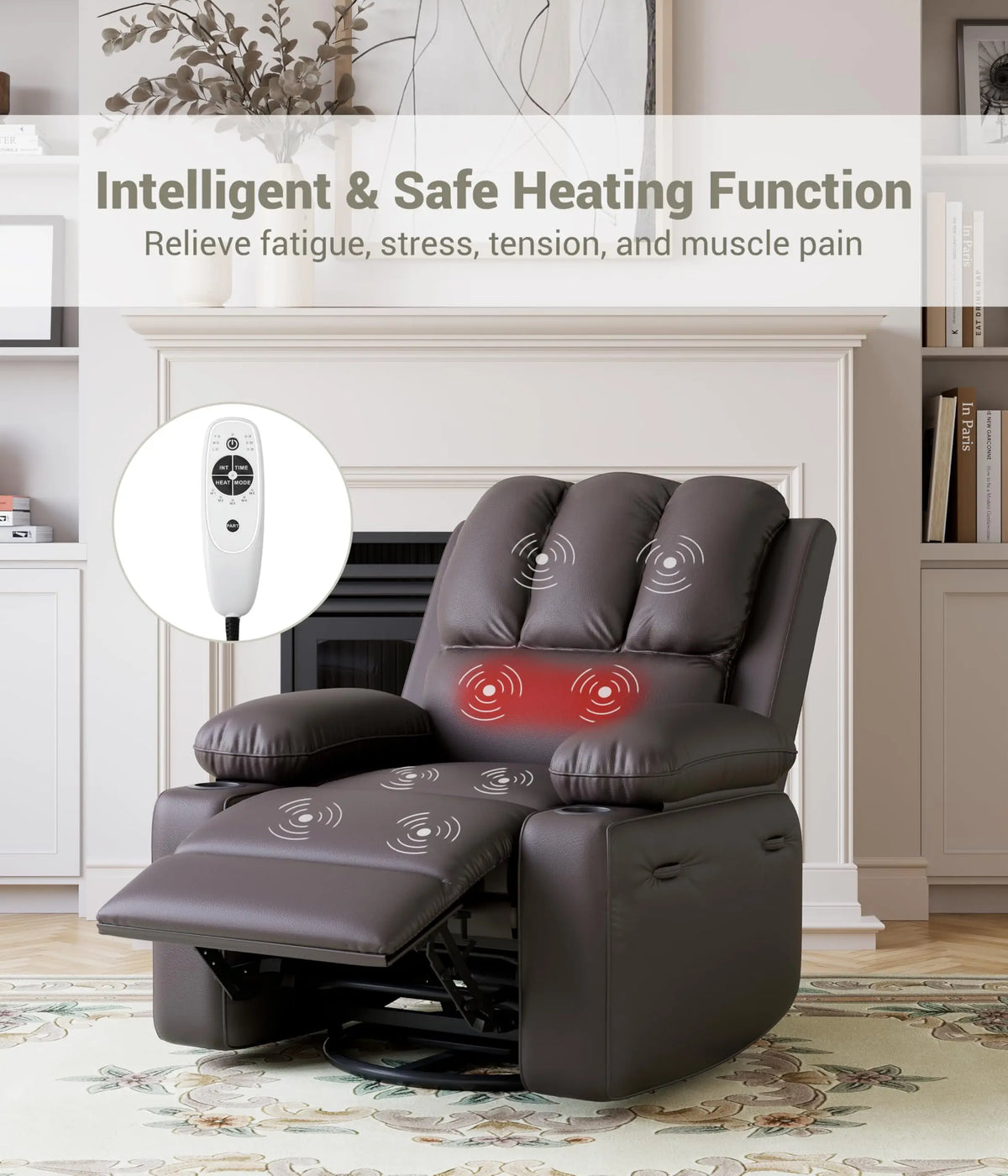 Oversized Recliner Chair With Massage and Heat Function, Adults Leather Single Sofa With Cup Holder For Living Room, Bedroom