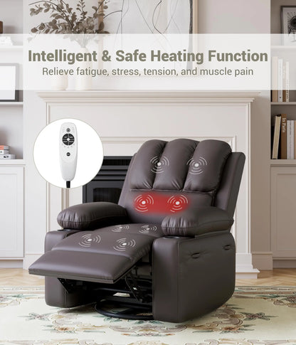 Oversized Recliner Chair With Massage and Heat Function, Adults Leather Single Sofa With Cup Holder For Living Room, Bedroom