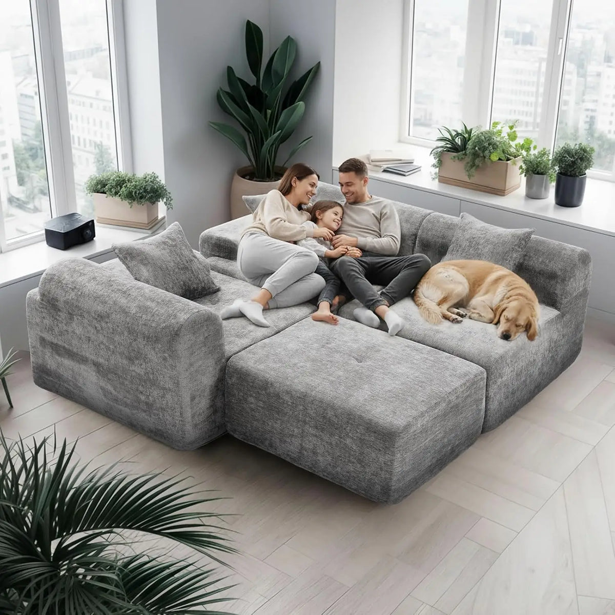 119’’ Modular Sectional Sofa, Cloud Sectional Couch with Deep Seat, Modern Modular Compression Sofa Couch with Chaise, Upholster