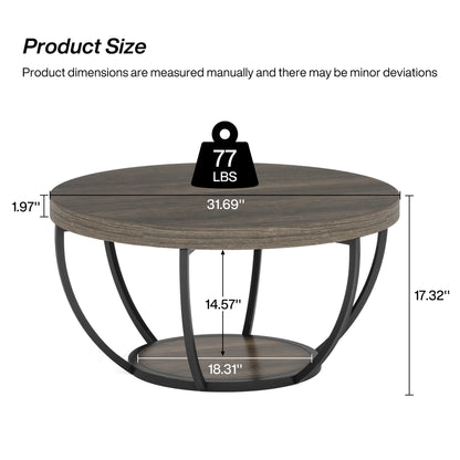 Tribesigns 31.7" Round Coffee Table, Industrial 2-Tier Circle Coffee Table with Storage Shelves, Modern Wooden Sofa Side Table