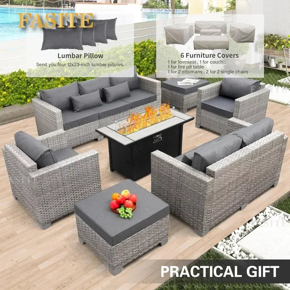 Garden Furniture Set 7 Piece, Patio Couch Sets Chair, PE Rattan Sectional with 45" Fire Pit Table, Garden Furniture Set