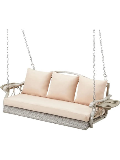 3-Person Wicker Porch Swing Chair Heavy Duty 900 LBS Outdoor Rattan Patio Swing Chair w/Cup-Holder & Steel Chains Hanging Bench
