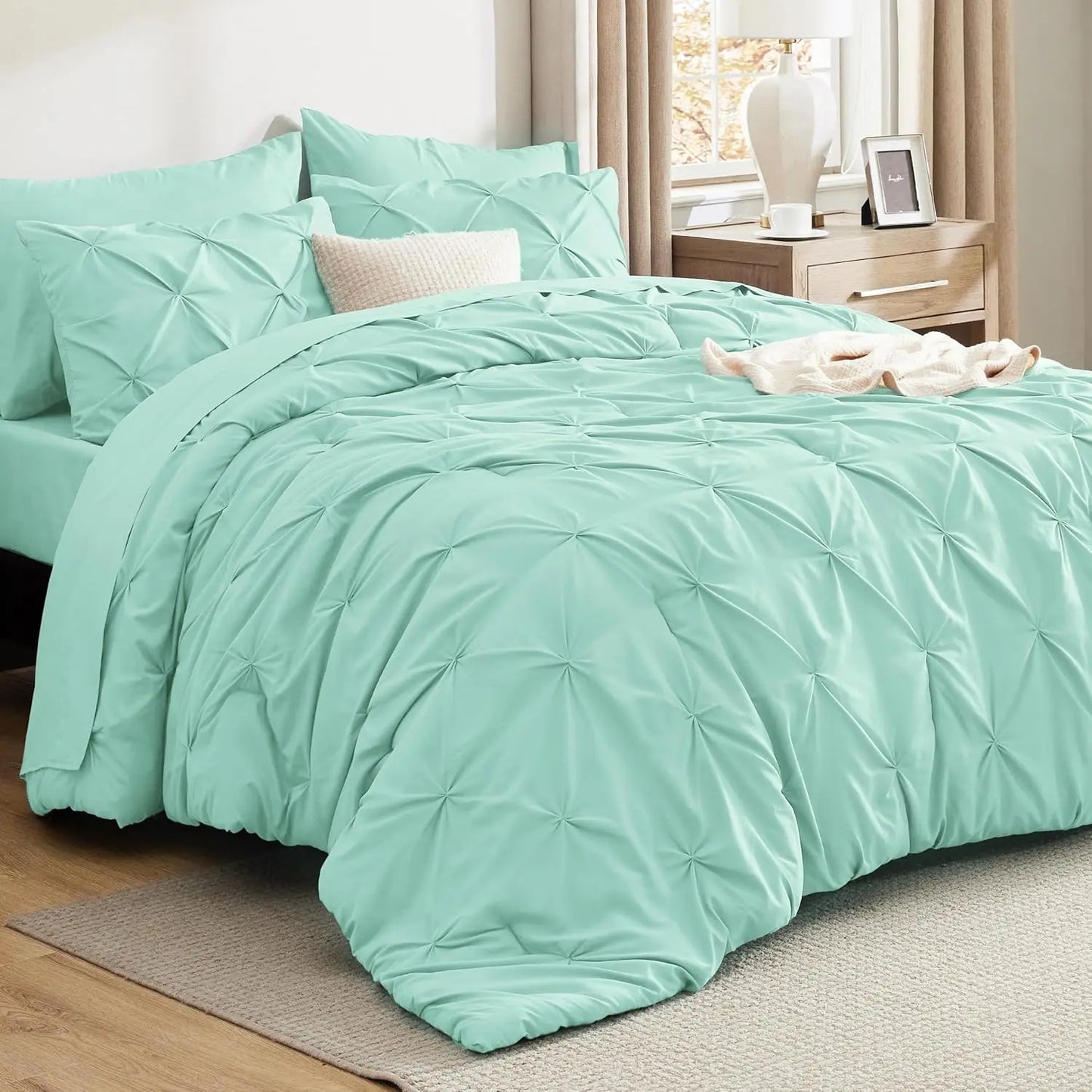 California King Comforter Set Mint Green Bed in a Bag California King 7 Pieces GentleSoft™ Pintuck Bed Set Gift for Family Pinch