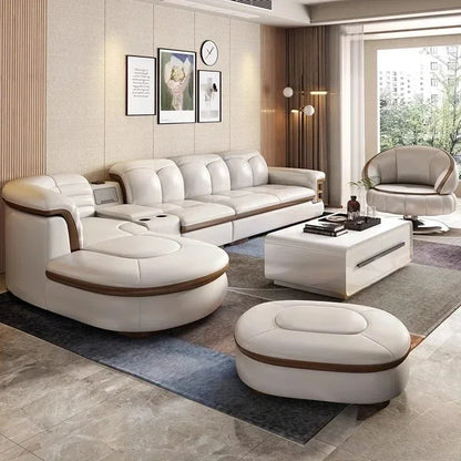 Luxury L-Shaped Genuine Leather Sectional Sofa Sets with USB, Bluetooth Speaker - MINGDIBAO Living Room Italian Leather Couches