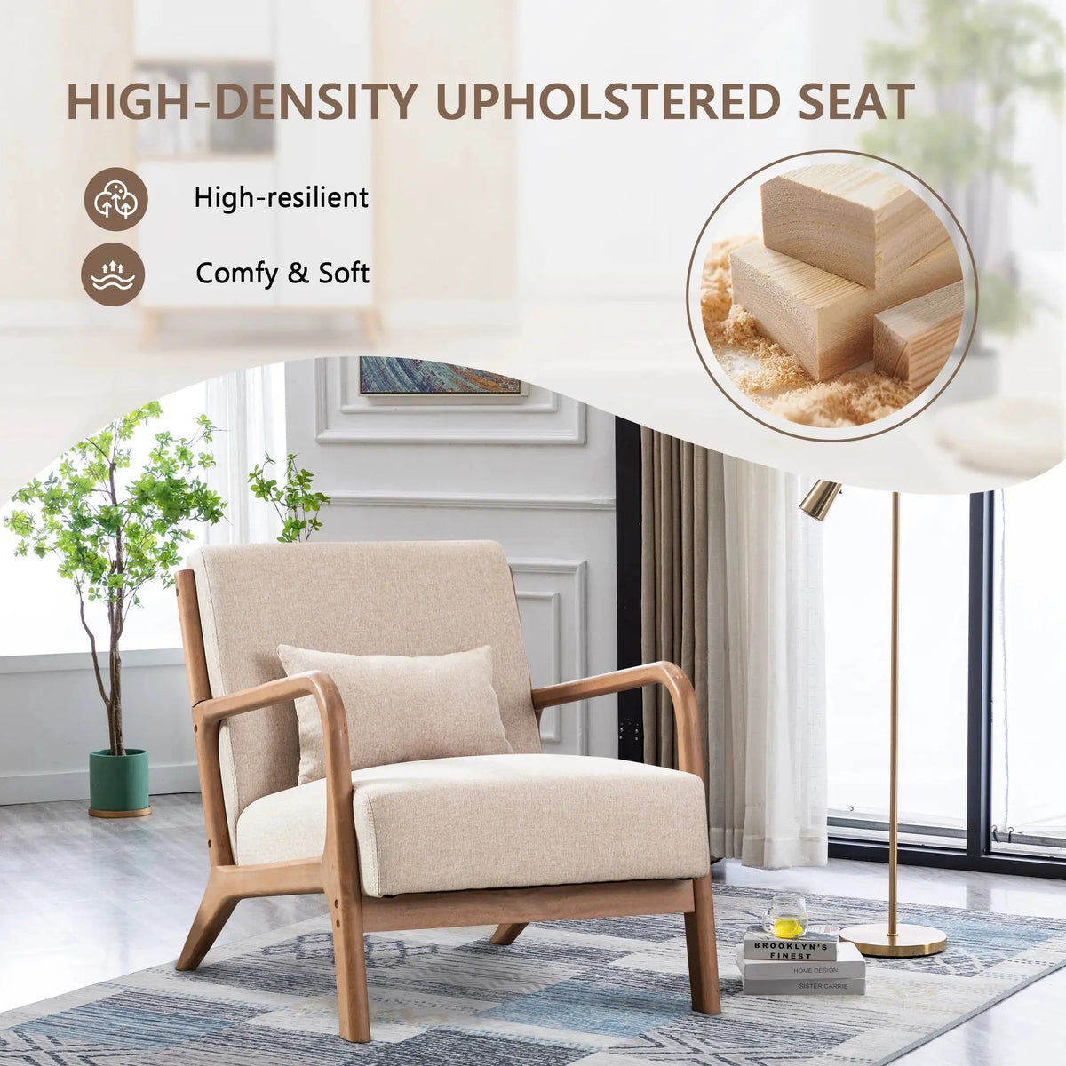 29*33*26 Inch Solid Color Solid Wood Living Room Chair 105° Backrest Non-Slip Casual Bedroom Chair With Pillow