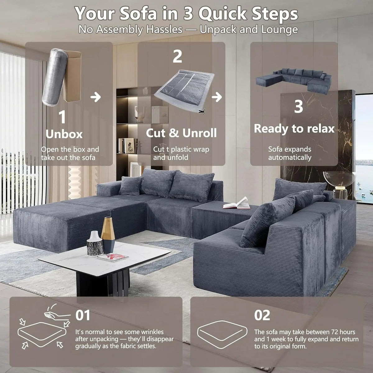 Family Sofa Set for Living Room, 8-Piece Modular U-Shaped Sectional Sofa with Oversized Chaise Lounge and Bed,Customized