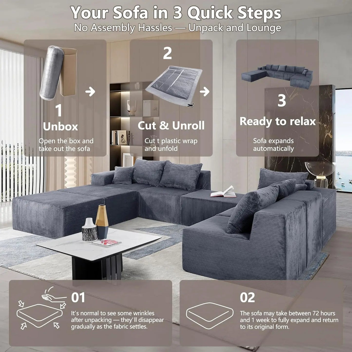 Family Sofa Set for Living Room, 8-Piece Modular U-Shaped Sectional Sofa with Oversized Chaise Lounge and Bed,Customized