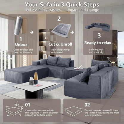 Family Sofa Set for Living Room, 8-Piece Modular U-Shaped Sectional Sofa with Oversized Chaise Lounge and Bed,Customized