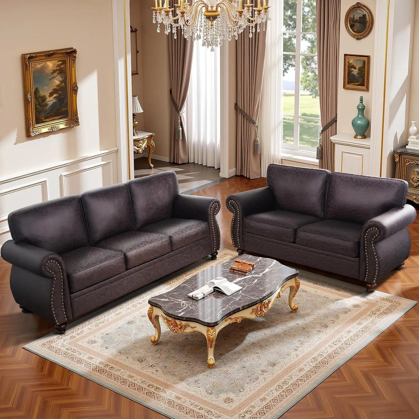 Mid-Century Vintage 3-Seater Sofa Couches Rivet Design Removable Cover Upholstered Cushions Customized Living Room Furniture