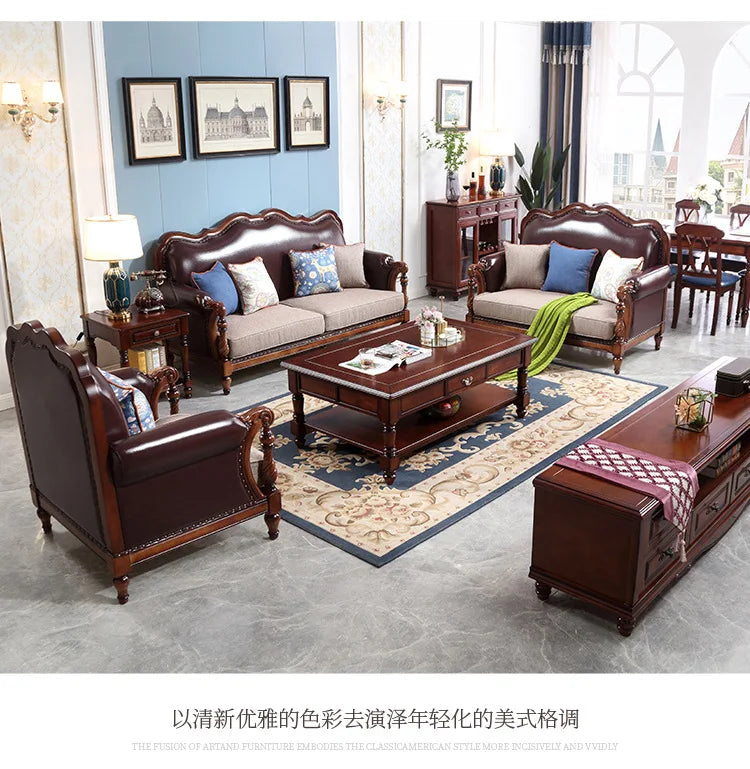 American pastoral all-solid wood sofa, European living room leather sofa, small household, coffee table type, combined light
