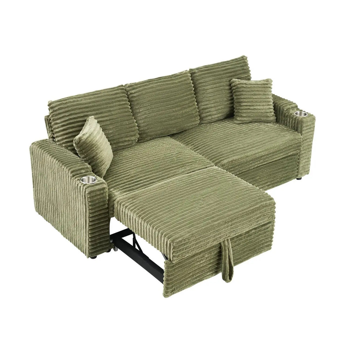 80-Inch Two-in-One Folding Chaise Lounge Corduroy Fabric Hidden Lying Function Cup Holder Pillow Easy-to-Adapt Green for Living