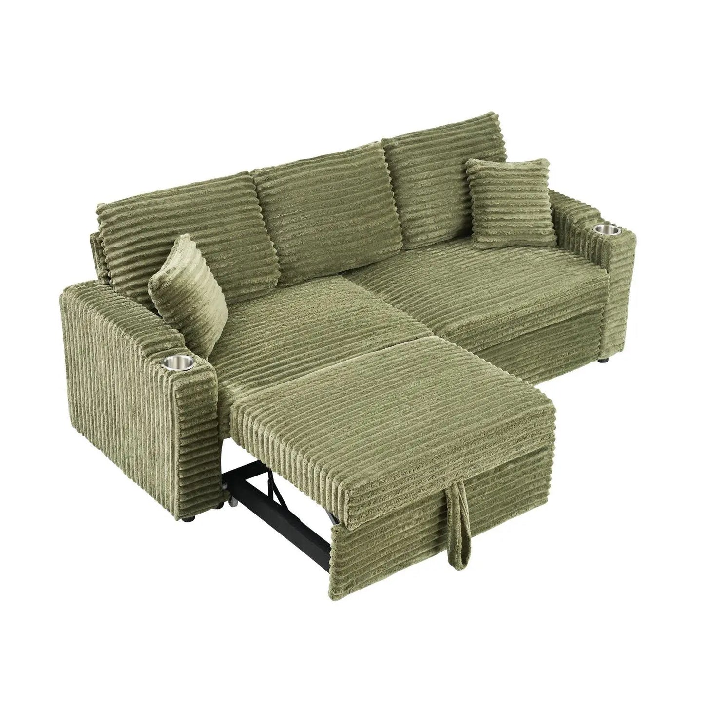 80-Inch Two-in-One Folding Chaise Lounge Corduroy Fabric Hidden Lying Function Cup Holder Pillow Easy-to-Adapt Green for Living
