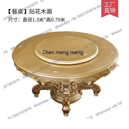 A07 European dining table and chair combination glass surface classical luxury solid wood carving flower round table with turnta
