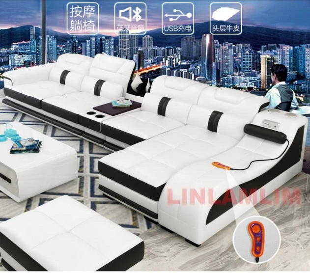 Sectional Sofa with Massage Chaise Lounge, Cup Holder, USB, Adjustable Headrests – Italian Genuine Leather Living Room Couch