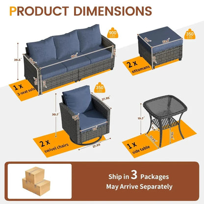 Patio Furniture Set, 6 Pieces Outdoor Sectional Couch with Swivel Rocking Chair, Gray Wicker Rattan Sofa with Side, Customized