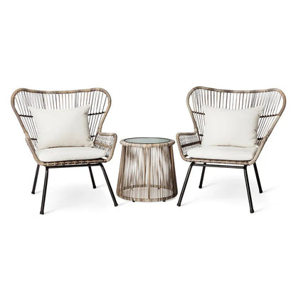 Modern 3-Piece 2-Seater Comfortable Metal Frame Rattan Wicker Chair and Table Set  For Outdoor Balcony Courtyard Apartment Patio