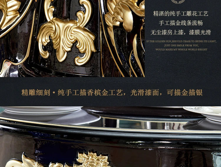 HTT marble dining table and chair combination carved round table for household8 people round  with turntable furniture
