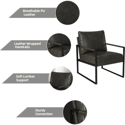 Leather Accent Chair with Metal Frame, Comfy Living Room Chair with Plump Backrest and Cushion, Mid Century Modern Chair