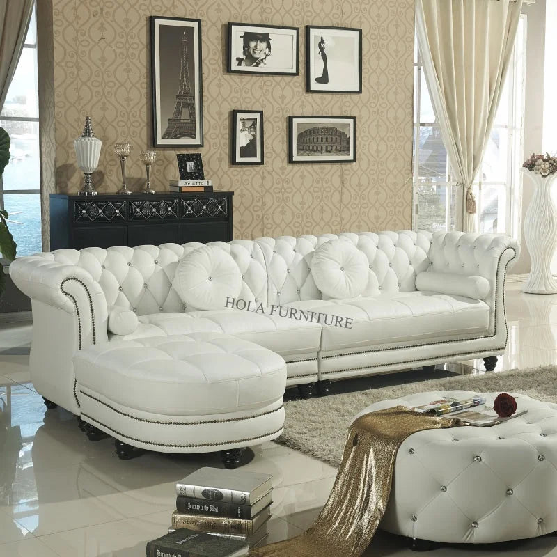 Modern Home Furniture Genuine Leather L-Shaped Sectional Corner Sofa Set Wood Legs with Sponge Filling for Living Room Villa