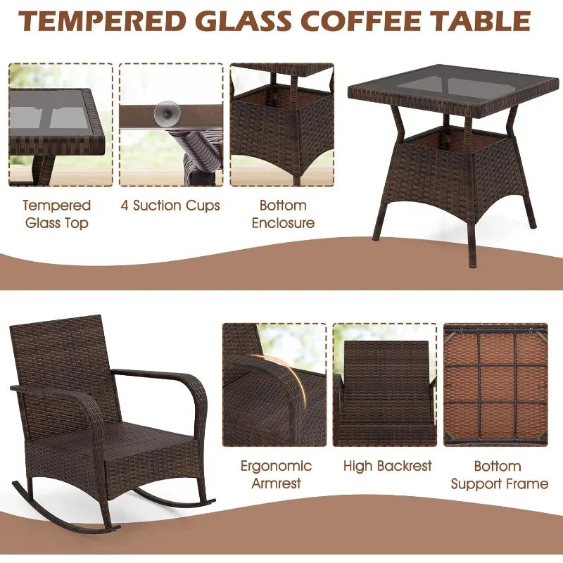 3 Pieces Patio Furniture Set, Outdoor Wicker Rocking Chairs with Cushions, Pillows, Glass Coffee Table, Rattan Bistro Ro