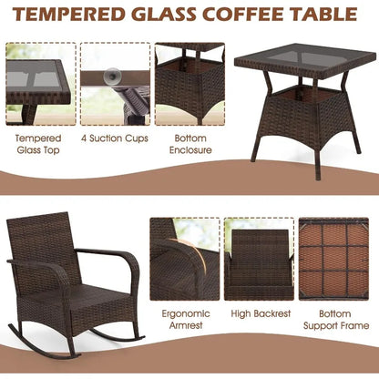 3 Pieces Patio Furniture Set, Outdoor Wicker Rocking Chairs with Cushions, Pillows, Glass Coffee Table, Rattan Bistro Ro