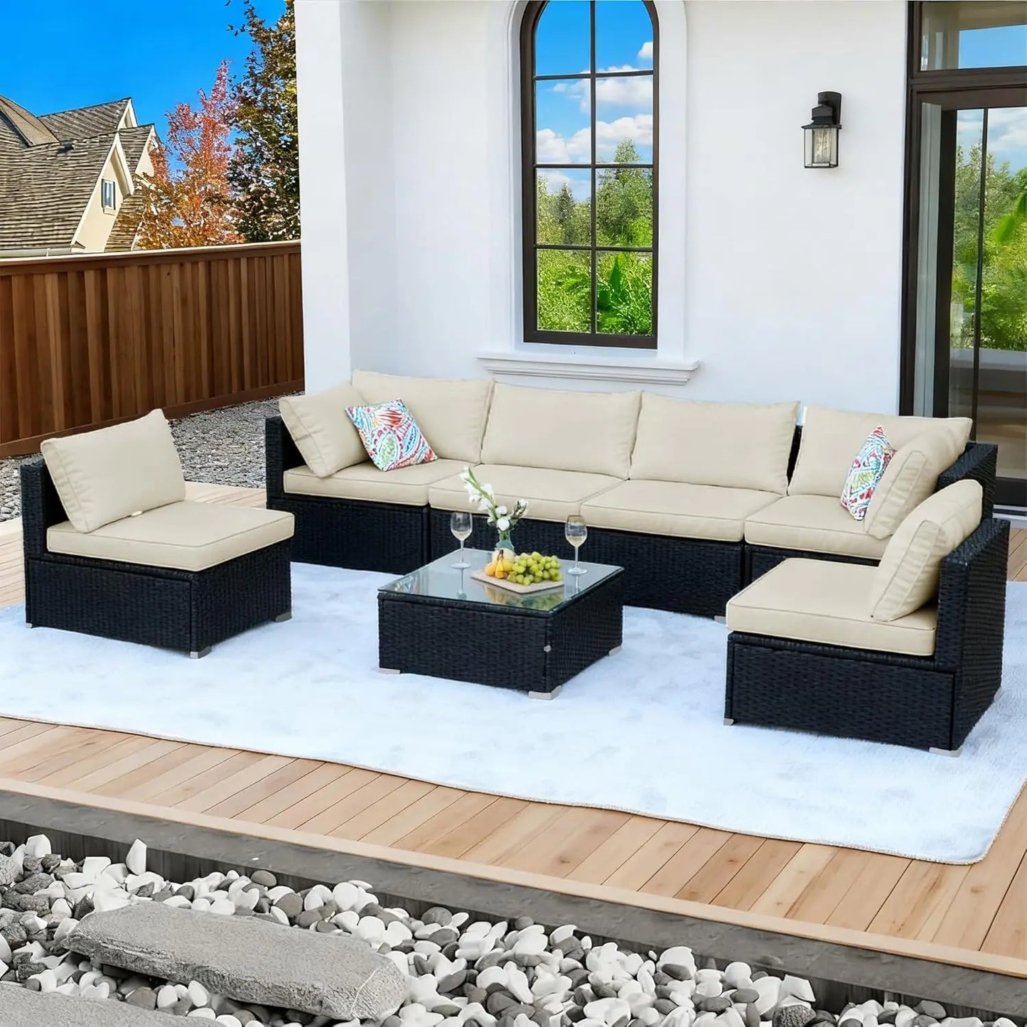 7 Pieces Patio Furniture Set - All-Weather Outdoor Wicker Sectional Conversation Sofa, Rattan Patio Seating Sofa, Customized