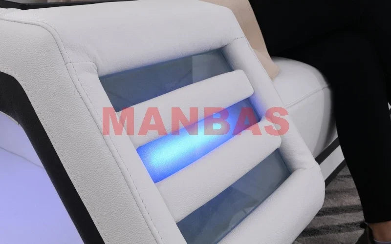 Modern LED Light Genuine Leather Sectional Sofa Set with Storage Shelves, USB Charging Ports, Cup Holder and Contemporary Design