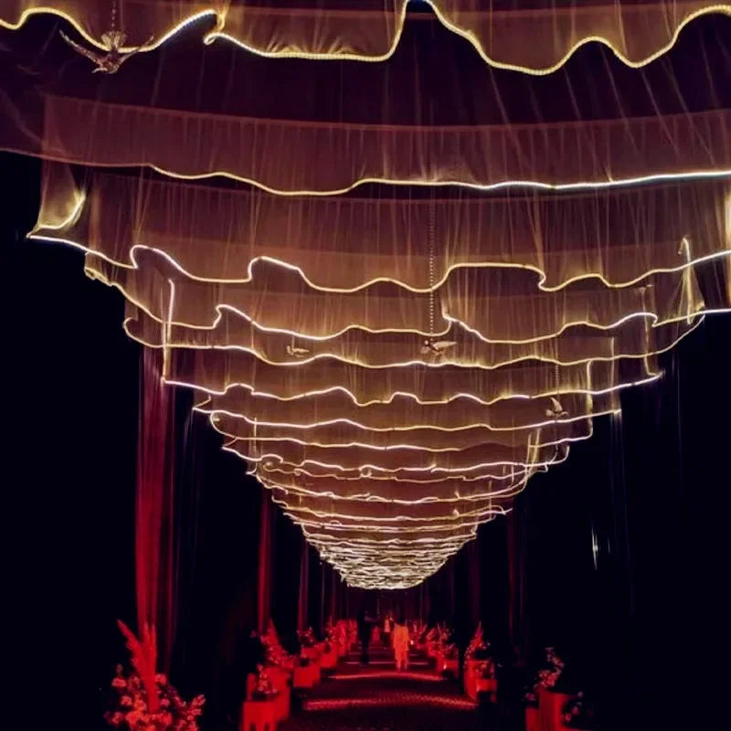 5M White Gauze Curtain Ceiling Decoration Wave Gauze Cloth with Light String Wedding Christmas Atmosphere Decoration Props