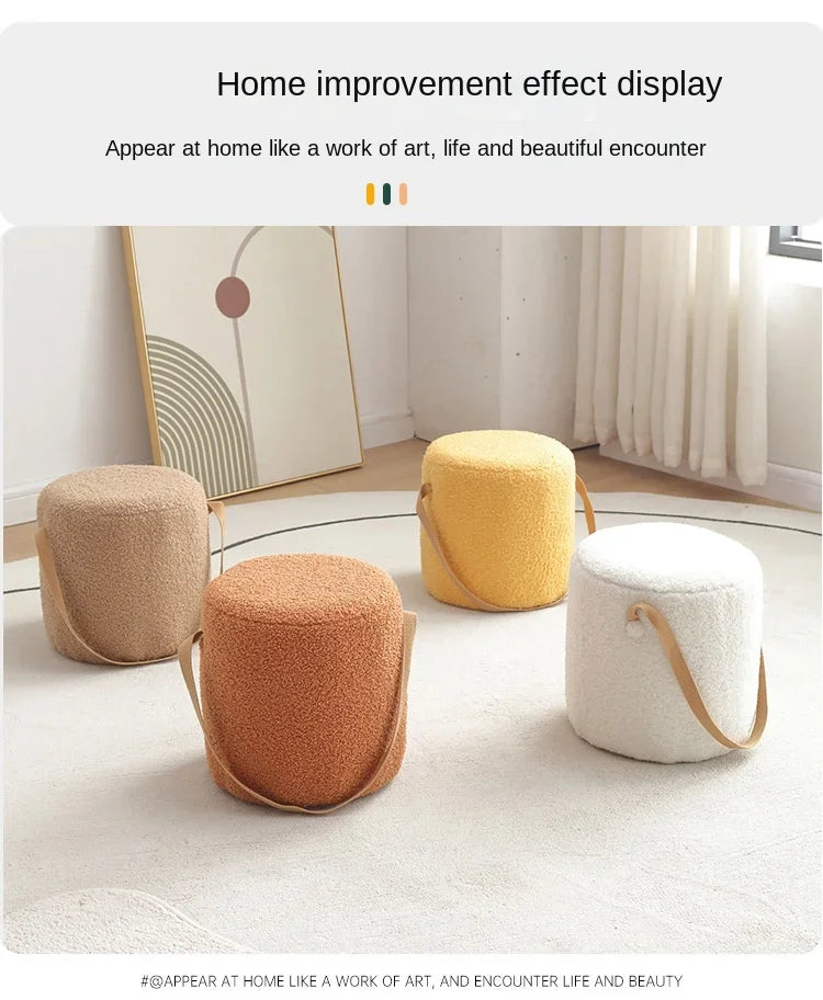 Lamb Velvet Round Stool for Living Room, Multi-Purpose Ottoman for Sofa & Coffee Table, Compact Home Decor Stool