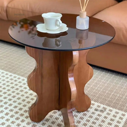 Table d'appoint de luxe légère en bois massif, Tables basses en verre nordique pour meubles de salon, Table d'angle pour petit appartement