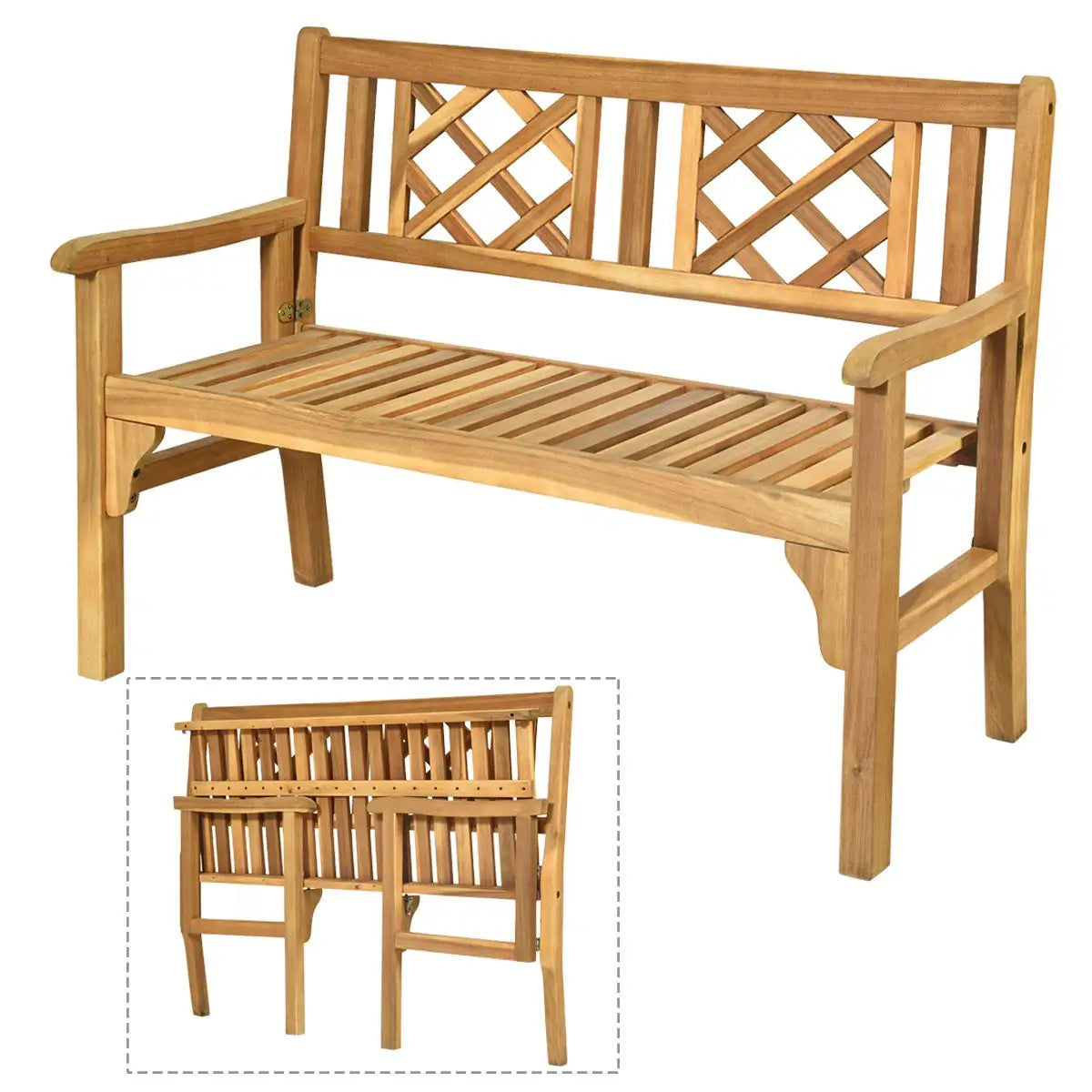 2-Person Teak Garden Bench with Comfortable Armrests, Backrest, and Slatted Seat, Supports 800 lbs, Ideal for Patio, Porch, or P