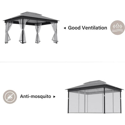 10x13ft Waterproof Patio Gazebo with Mosquito Netting, Double Roof Outdoor Pavilion for Backyard, Garden, Lawn, Wedding (Grey)