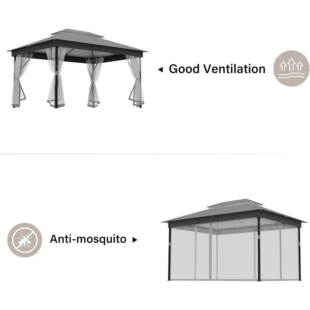 10x13ft Waterproof Patio Gazebo with Mosquito Netting, Double Roof Outdoor Pavilion for Backyard, Garden, Lawn, Wedding (Grey)