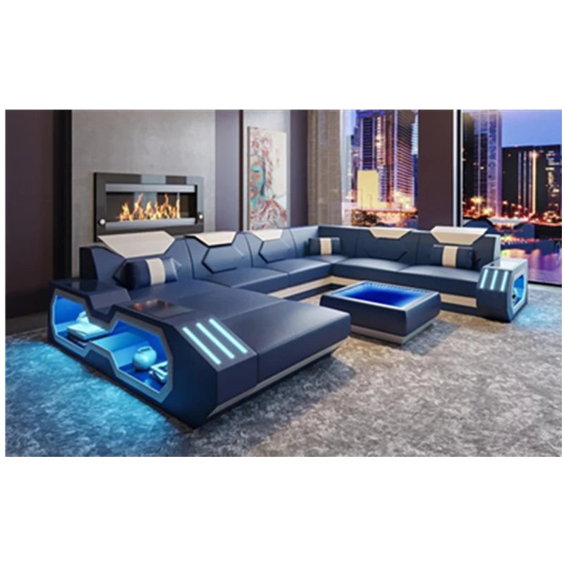 Luxury Italy Design Sectional Sofa Bed Modern LED Living Room Furniture Genuine Leather Sofas Sets