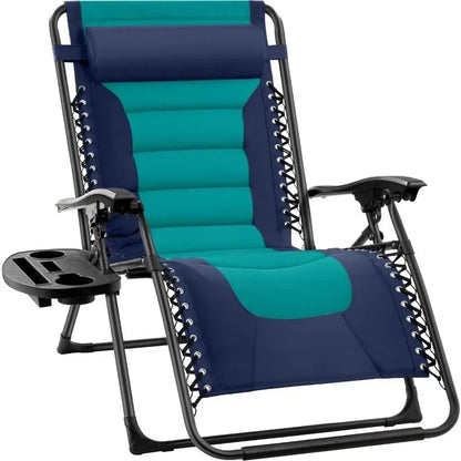 v Oversized Padded Zero Gravity Chair, Folding Outdoor Patio Recliner, XL Anti Gravity Lounger for Backyard w/Headrest, Cup Hold