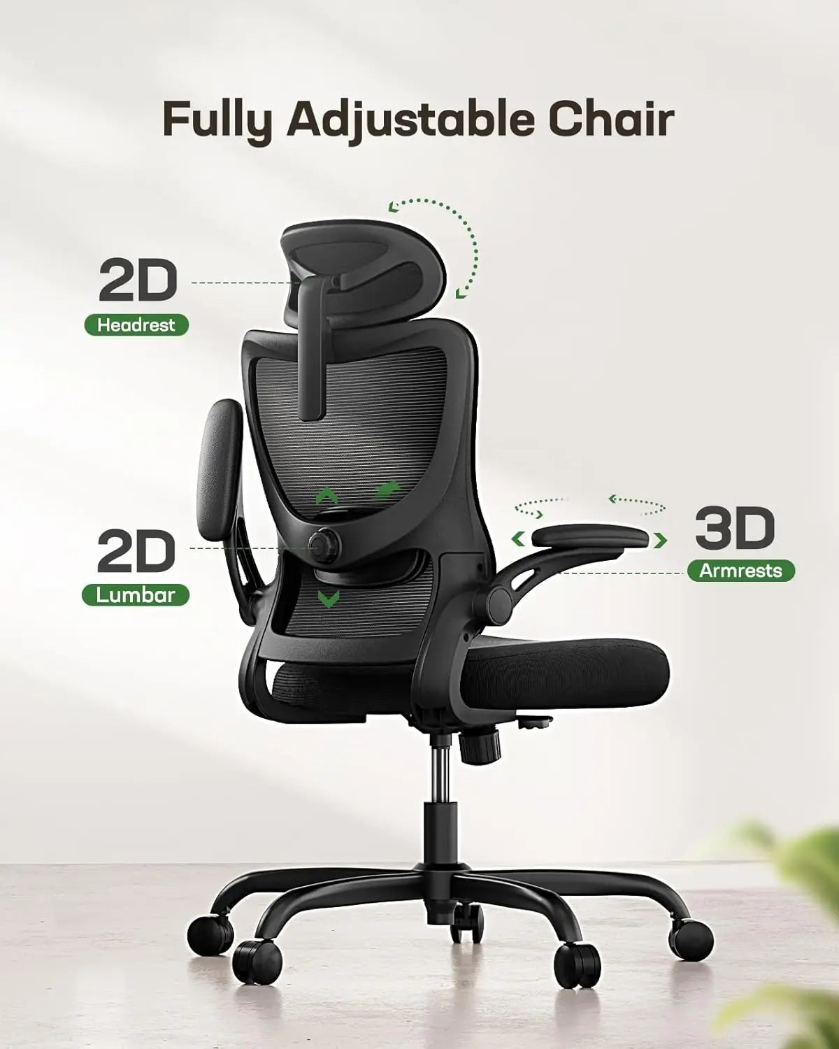 Ergonomic Office Chair with High Back Mesh, Adjustable Lumbar Support, and 3D Armrests for Comfortable Work