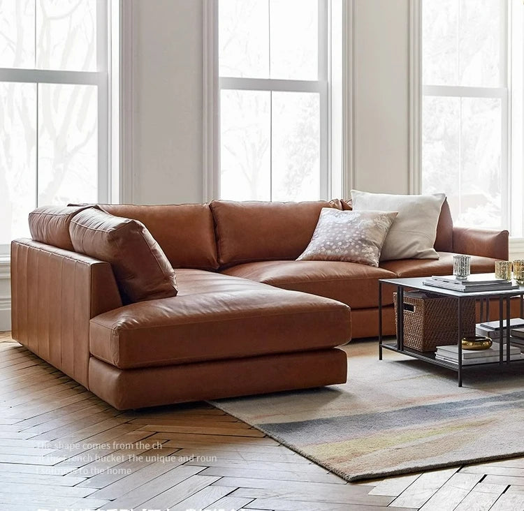 leather sofa, antique milk brown first layer cowhide L-shaped concubine seat in the living room, American retro leather sofa