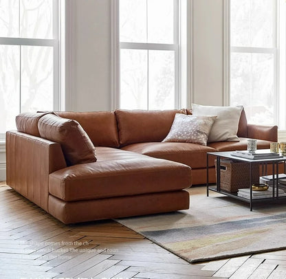 leather sofa, antique milk brown first layer cowhide L-shaped concubine seat in the living room, American retro leather sofa