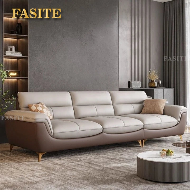 Italian  cowhide leather sofa living room small apartment light luxury modern two-color three-person straight row combination