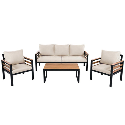 GO 4-Piece Outdoor Furniture Sofa Set for 5 People with Acacia Wood Armrests Patio Conversation Set with Removable Cushion