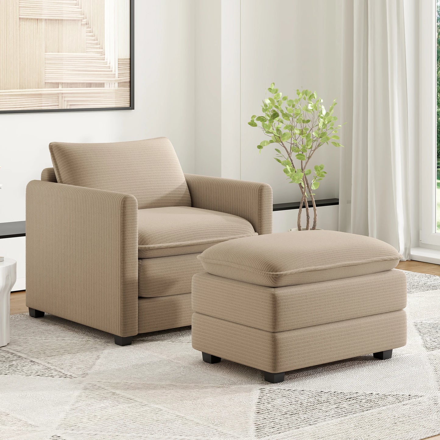 Corduroy Armchair with Ottoman Set, Accent Chair & Footstool, High-Quality Foam, Easy 15-Min Assembly, for Living Room, Bedroom