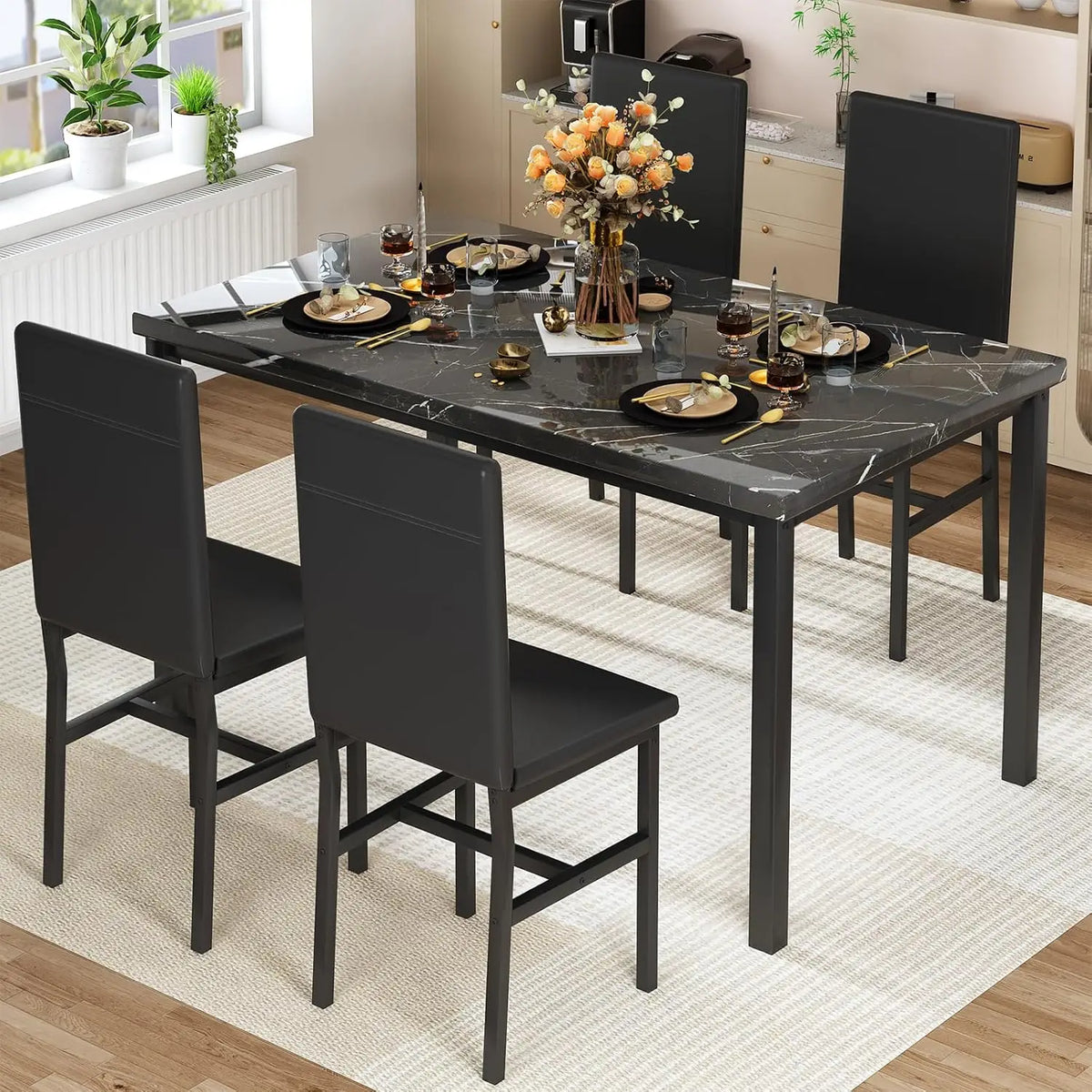 Modern Faux Marble Dining Table Set for 4 with 4 PU Leather Chairs, Black