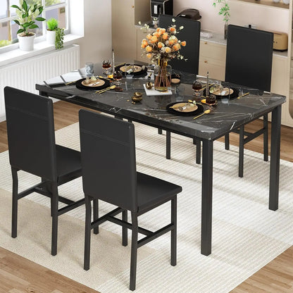 Modern Faux Marble Dining Table Set for 4 with 4 PU Leather Chairs, Black