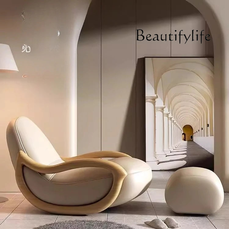 Household balcony leisure chair sofa solid wood rocking chair Chinese lazy sofa recliner environmentally friendly leather