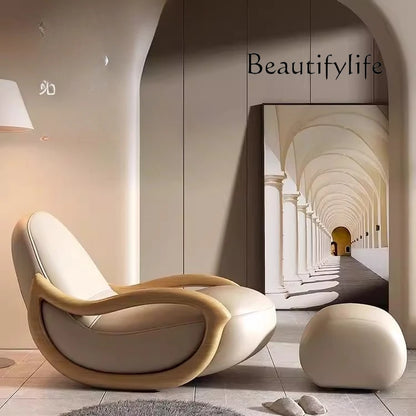 Household balcony leisure chair sofa solid wood rocking chair Chinese lazy sofa recliner environmentally friendly leather